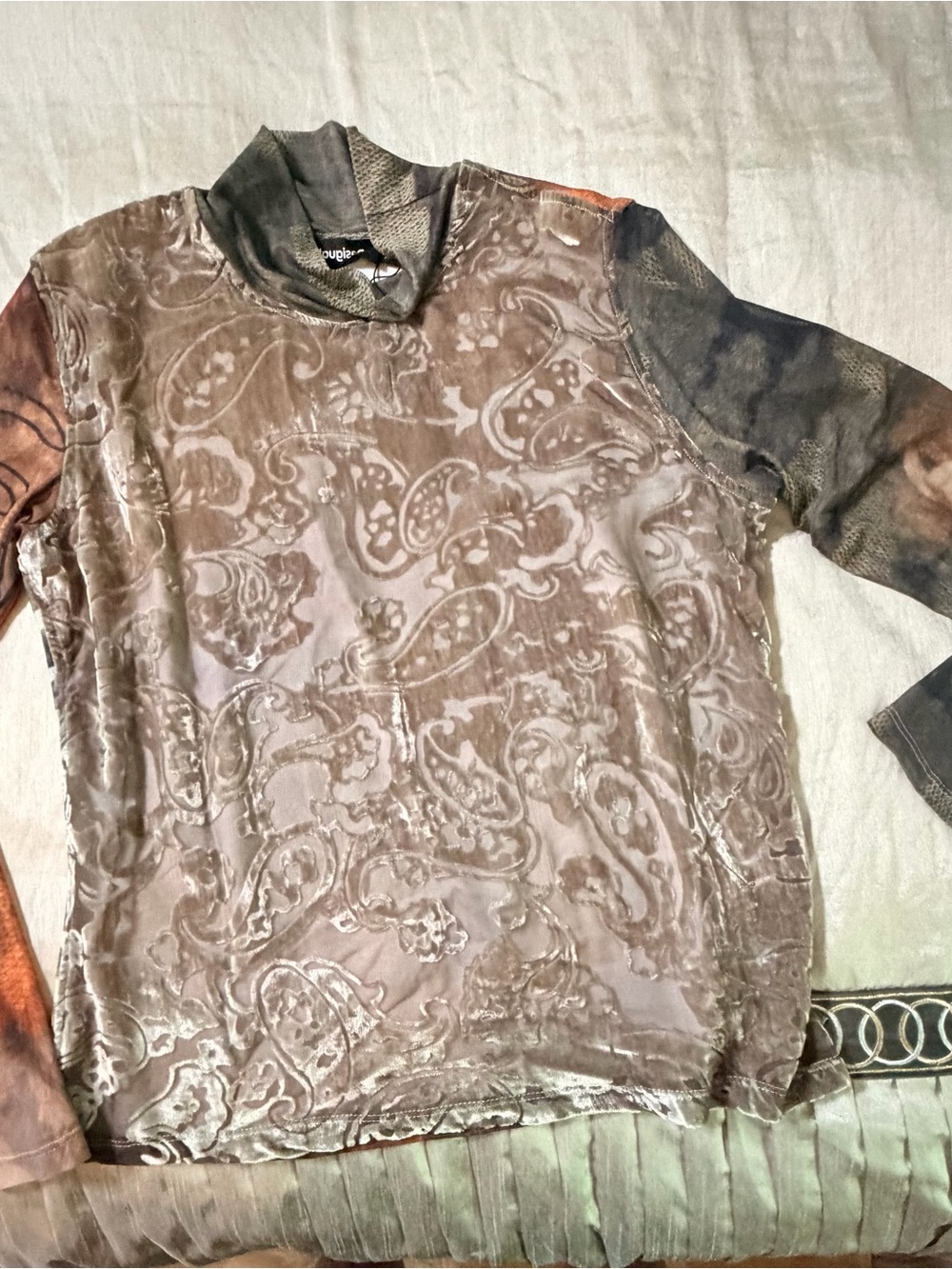 Desigual Multicolor Paisley Velvet Top in Brown and Green